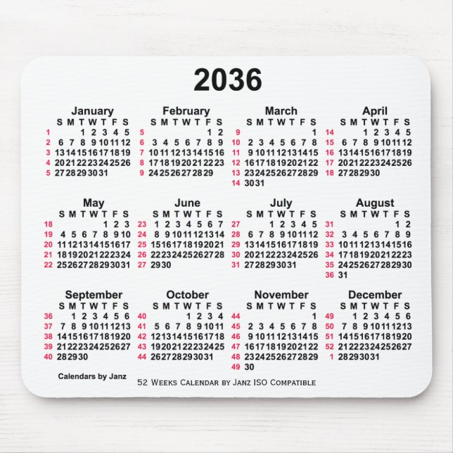 Mousepad Calendário ISO de 2036 White 52 Semanas por Janz (Frente)