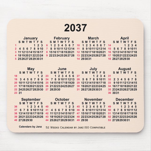 Mousepad Calendário ISO de 2037 White Antíco de 52 Semanas  (Frente)