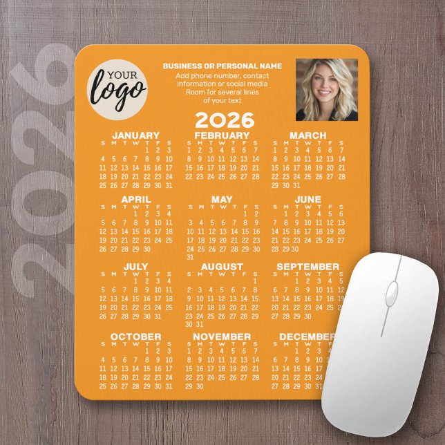 Mousepad Calendário - logotipo, foto, contato comercial - l (2026 Calendar on a mousepad - add your logo and photo plus business information)