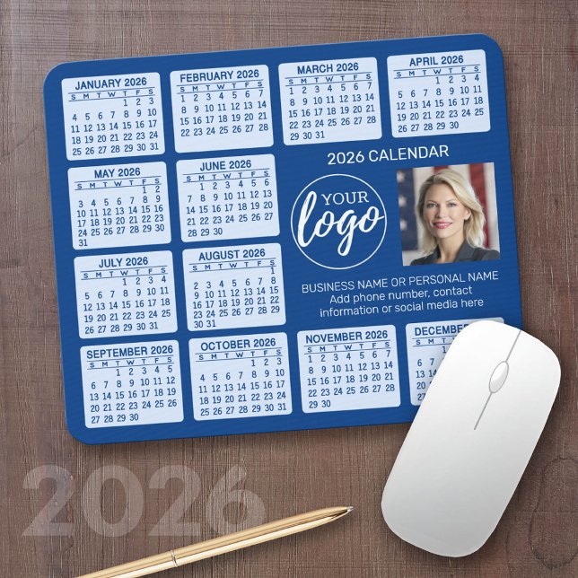 Mousepad Calendário - logotipo, foto-empresa (2026 Calendar with a Photo Collage on a Mousepad)