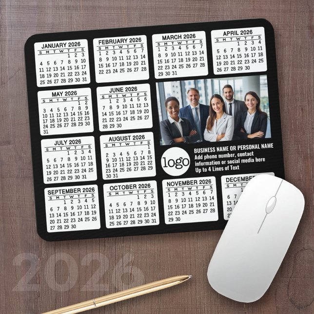 Mousepad Calendário - logotipo, foto-empresa (2026 Calendar with your logo or photos - Great Business Gift or Home Office Decor)