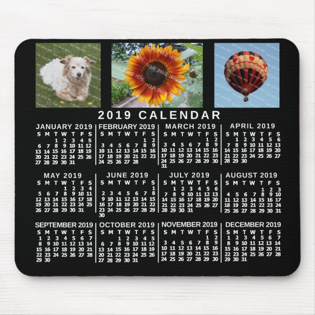 Mousepad Calendário Mensal 2019 Preto 3 Fotos Personalizada (Frente)