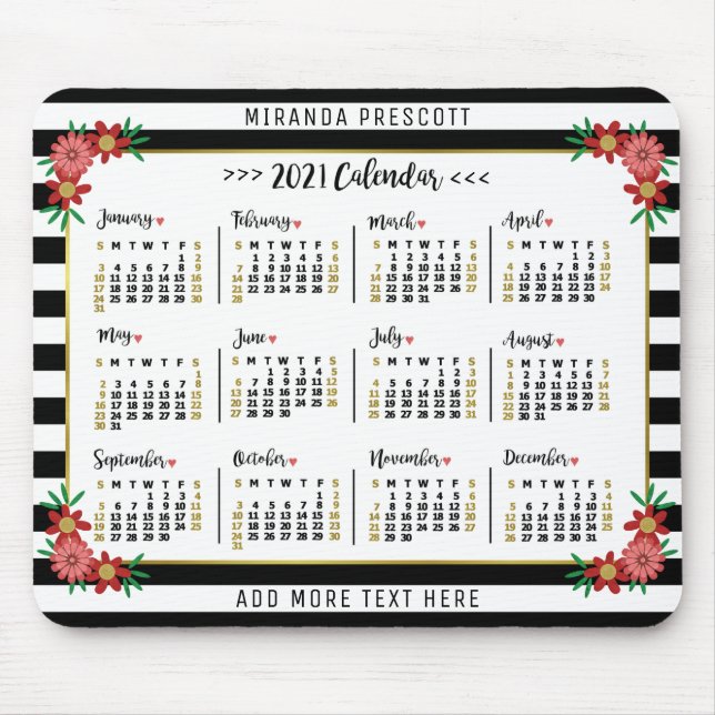 Mousepad Calendário Mensal 2021 Ano | Pré-Brisas Florais (Frente)