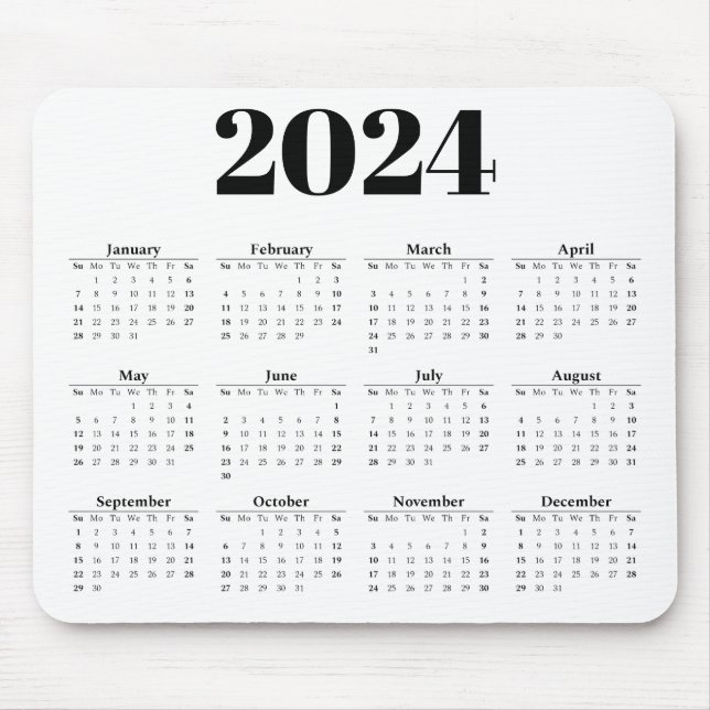 Mousepad Calendário Mensal 2024 | Quaisquer antecedentes (Frente)
