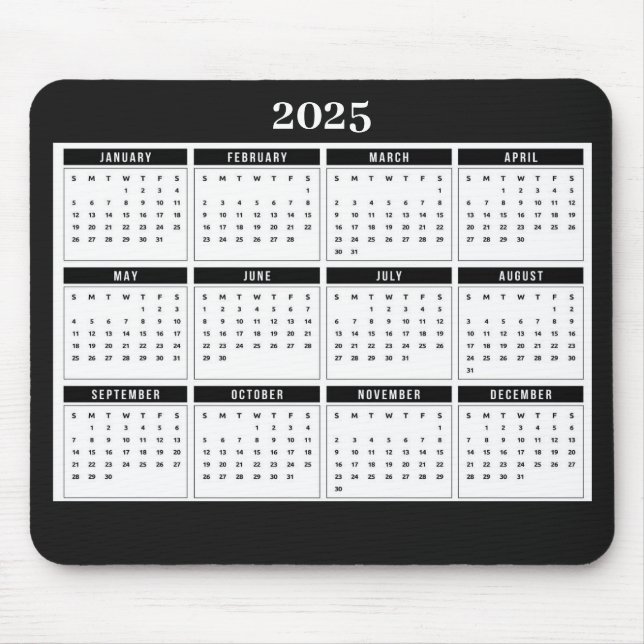 Mousepad Calendário mensal Branco preto moderno preto 2025 (Frente)