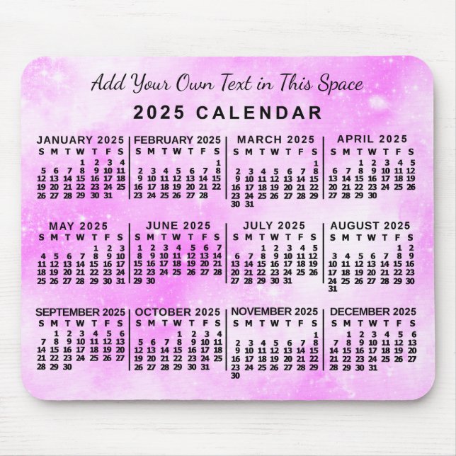 Mousepad Calendário Mensal, Cor de Água, Rosa-Rosa, 2025 An (Frente)