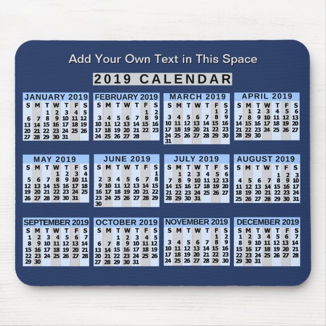 Mousepad Calendário mensal de 2019 ano fácil de ler nos neg (Frente)