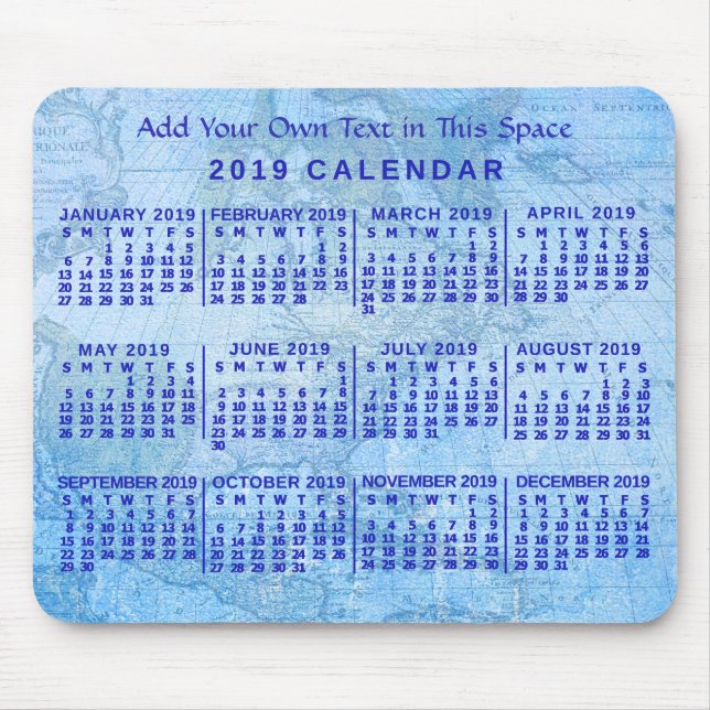 Mousepad Calendário Mensal de 2019 Mapa Anterior Azul Perso (Frente)