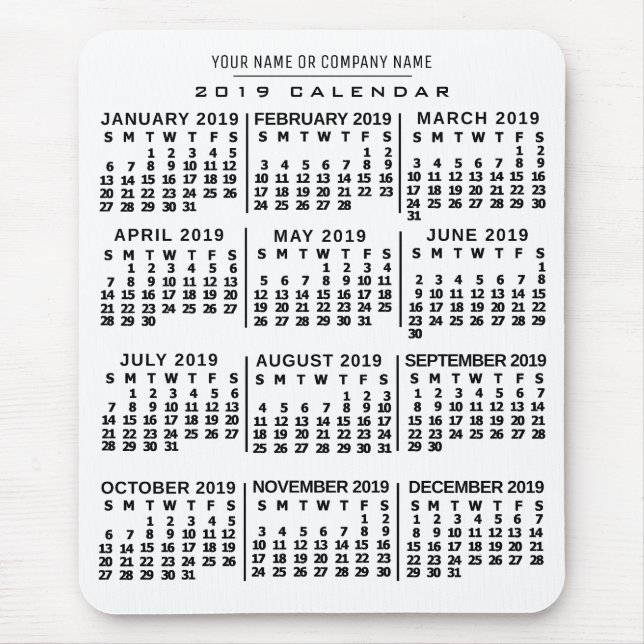 Mousepad Calendário Mensal de 2019 Nome Preto Branco Person (Frente)