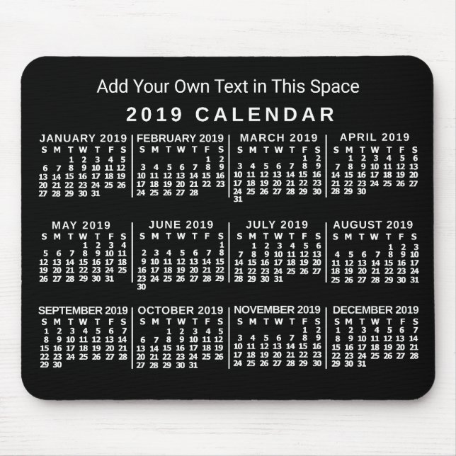 Mousepad Calendário Mensal de 2019 Preto e Branco Personali (Frente)