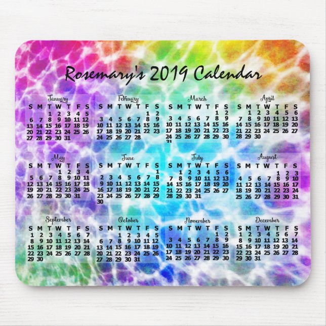Mousepad Calendário Mensal de 2019 Tiedye Hippie Rainbow (Frente)