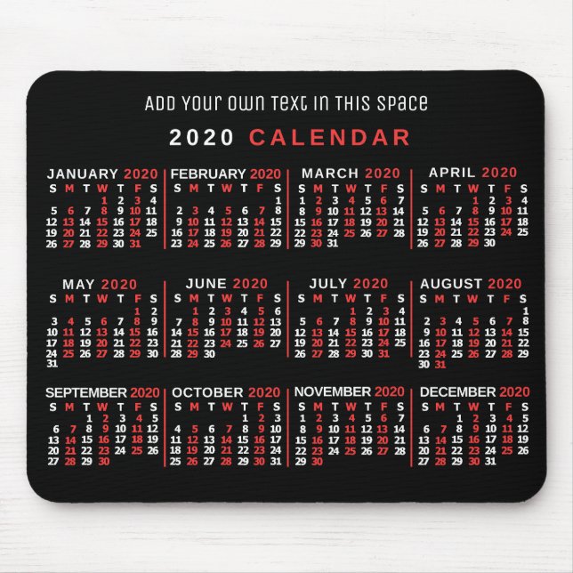 Mousepad Calendário Mensal de 2020 Anos Preto Vermelho Bran (Frente)