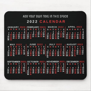 Mousepad Calendário Mensal de 2022 Ano Preto Vermelho Preto