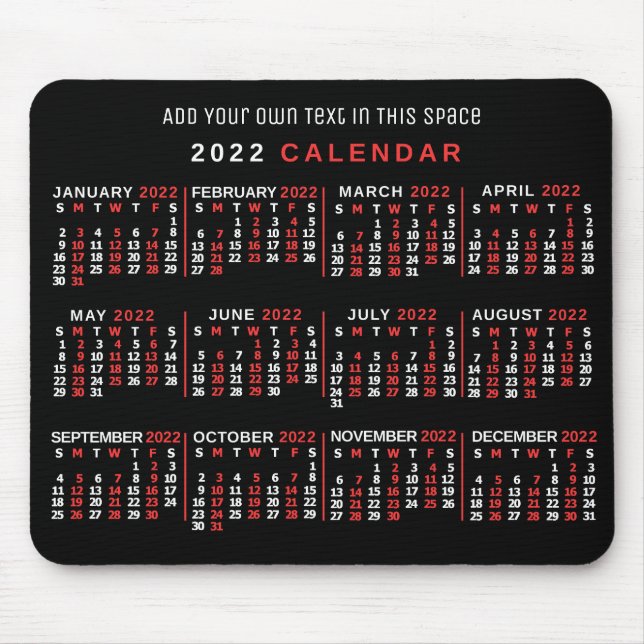 Mousepad Calendário Mensal de 2022 Ano Preto Vermelho Preto (Frente)