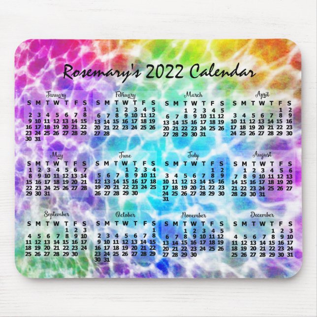 Mousepad Calendário Mensal de 2022 Tiedye Hippie Rainbow (Frente)