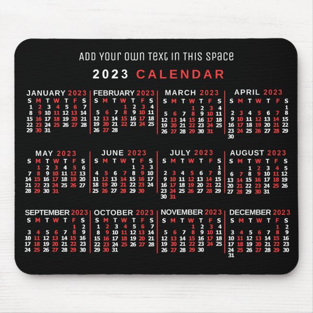 Mousepad Calendário Mensal de 2023 Anos Preto Vermelho Bran (Frente)