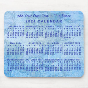 Mousepad Calendário Mensal de 2024 Ano Mapa Anônimo Azul Pe