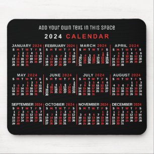 Mousepad Calendário Mensal de 2024 Anos Preto Vermelho Bran