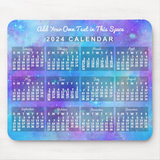 Mousepad Calendário Mensal de 2024 Estrelas Blue Watercolor (Frente)