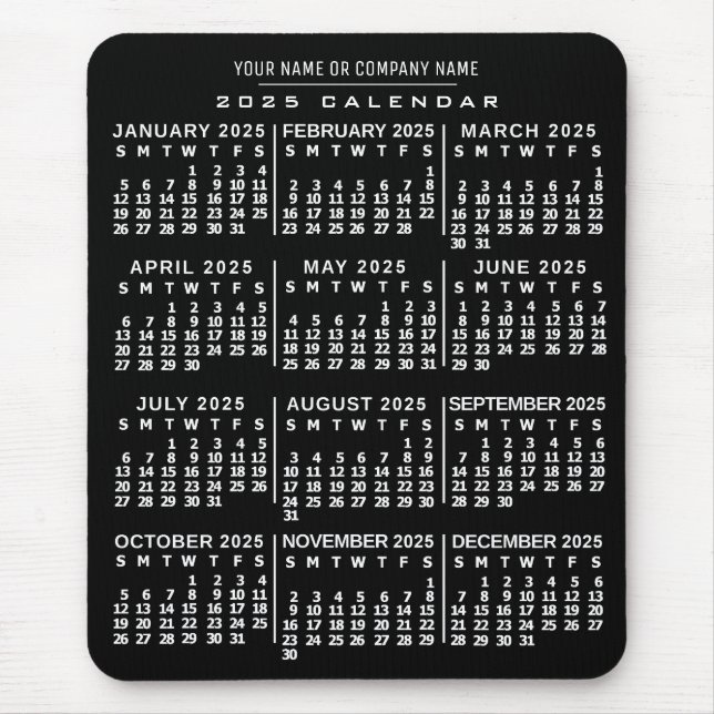 Mousepad Calendário Mensal de 2025 Ano - Preto Branco Nome  (Frente)