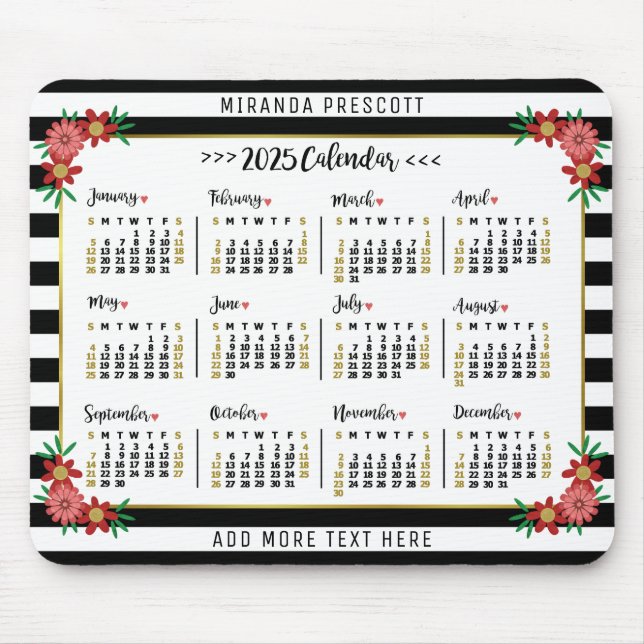 Mousepad Calendário Mensal de 2025 Anos | Bandas Florais De (Frente)