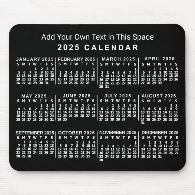Mousepad Calendário mensal de 2025 anos Preto e Branco pers (Frente)