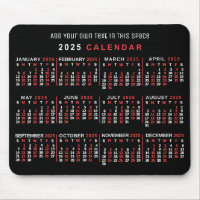Calendário Mensal de 2025 Anos Preto Vermelho Bran