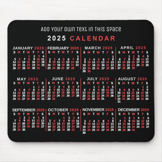 Mousepad Calendário Mensal de 2025 Anos Preto Vermelho Bran (Frente)