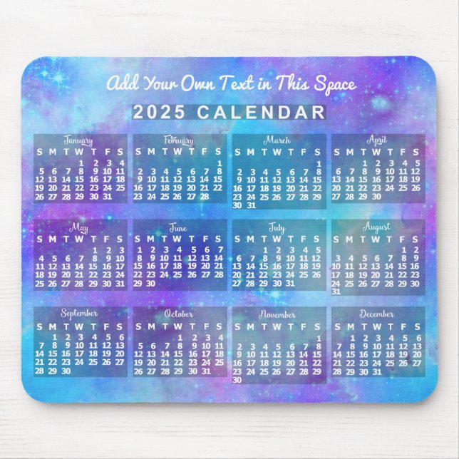 Mousepad Calendário Mensal de 2025 Estrelas Blue Watercolor (Frente)