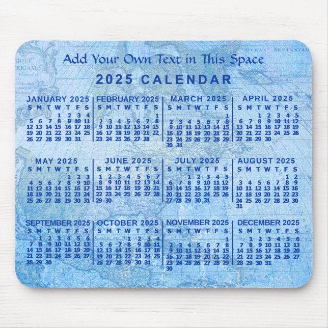Mousepad Calendário Mensal de 2025 Mapa Anterior Azul Perso (Frente)