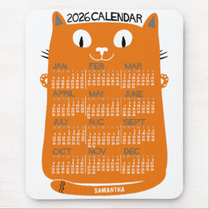 Mousepad Calendário Mensal do Ano de 2026 Gato Laranja Mead