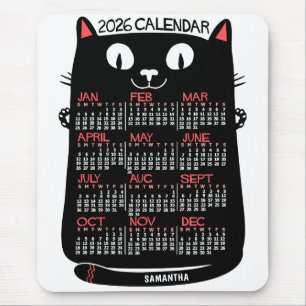 Mousepad Calendário Mensal do Ano de 2026 Gato Preto Meados