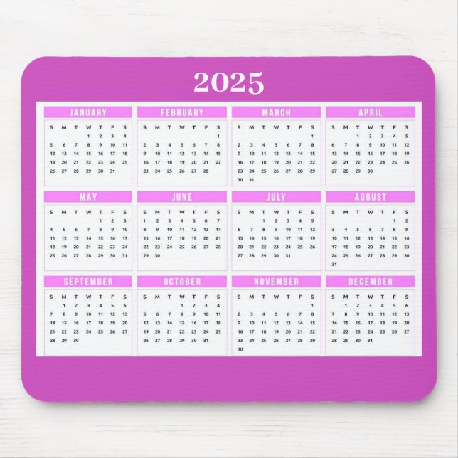 Mousepad Calendário mensal semanal feminino rosa 2025 (Frente)