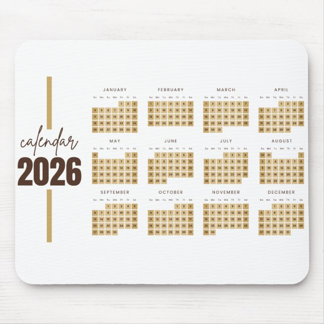 Mousepad Calendário Minimalista Dourado 2026 (Frente)