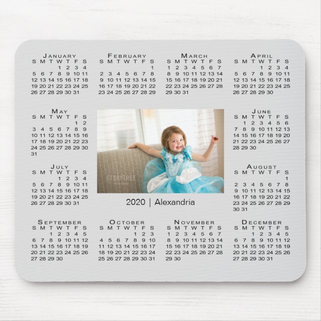 Mousepad Calendário moderno 2020 Foto e nome na Cinza (Frente)