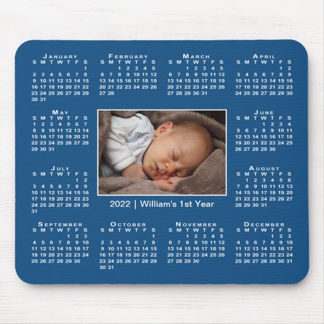 Mousepad Calendário moderno 2022 Seu nome de foto em azul (Frente)