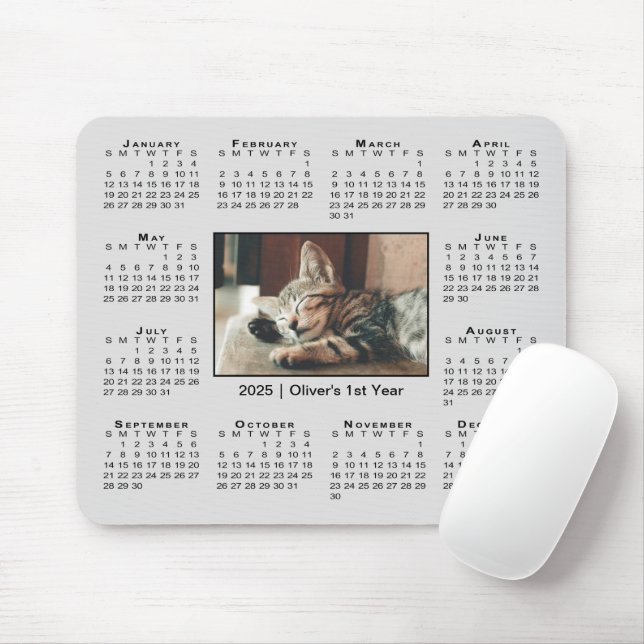 Mousepad Calendário Moderno 2025 Seu Nome de Foto na Cinza (Com mouse)
