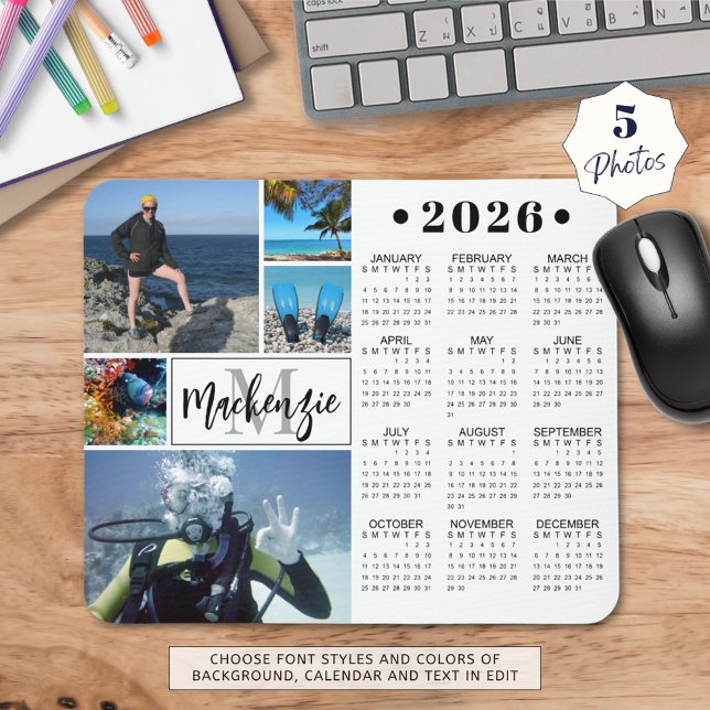 Mousepad Calendário Moderno 2026 5 Fotos Nome do Monograma (Criador carregado)