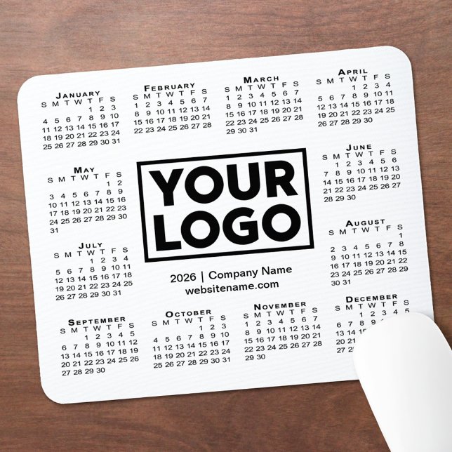 Mousepad Calendário Moderno 2026 Logotipo de Empresa Comerc (Modern 2026 Calendar Business Company Logo Mouse Pad, in situ)
