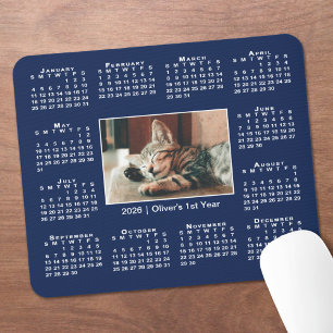 Mousepad Calendário Moderno 2026 Sua Foto Nome em Azul Mari