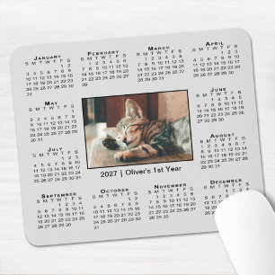 Mousepad Calendário Moderno 2027 com Nome e Foto em Cinza