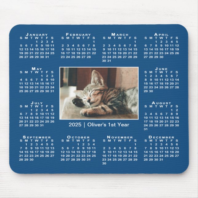 Mousepad Calendário moderno de 2025 Seu nome de foto em azu (Frente)