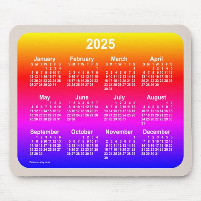 Mousepad Calendário Neon Rainbow 2025 por Janz Dois Tons (Frente)