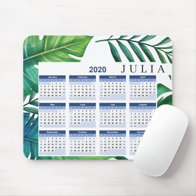 Mousepad Calendário Personalizado das Folhas Tropicais 2020 (Com mouse)