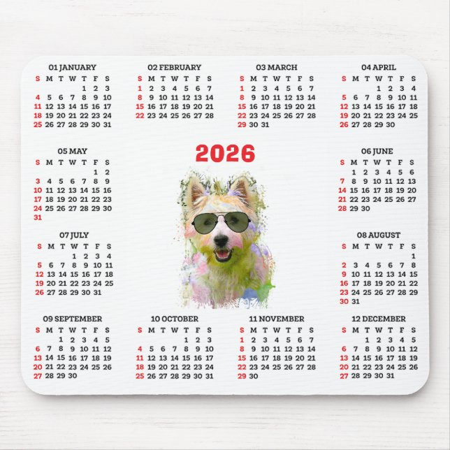 Mousepad Calendário Personalizável do Westie Cute  (Frente)