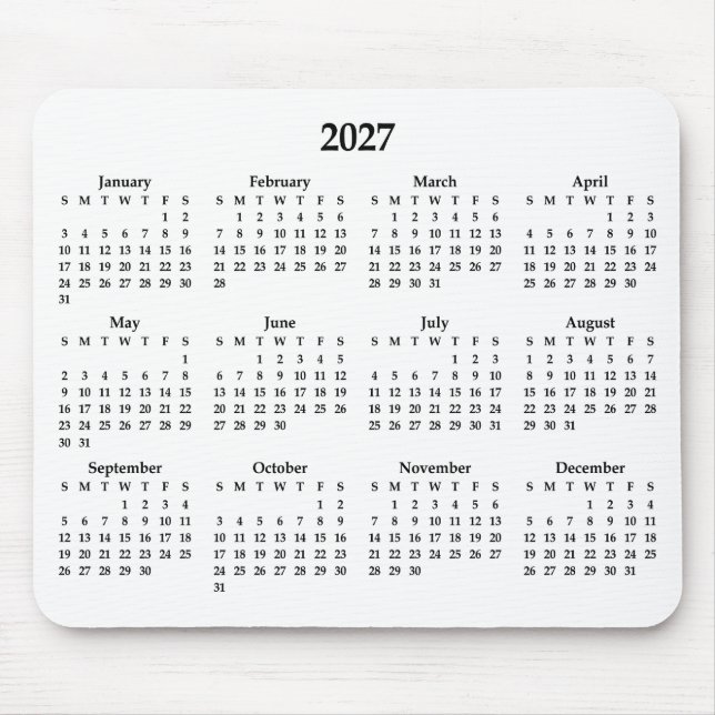 Mousepad Calendário Preto 2027 em Branco (Frente)