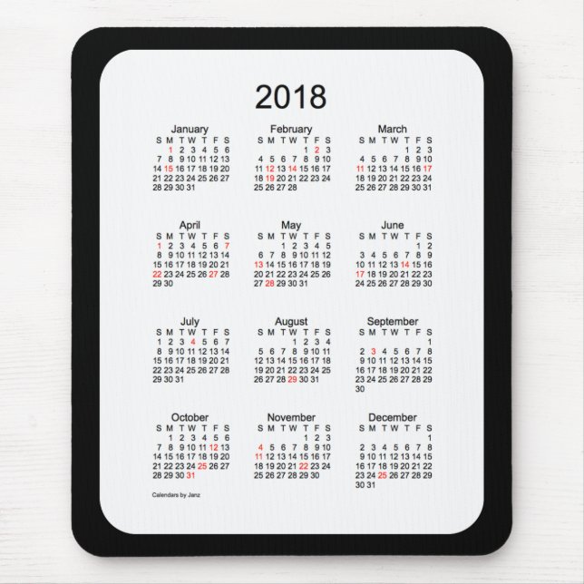 Mousepad Calendário preto do feriado 2018 pelo tapete do (Frente)