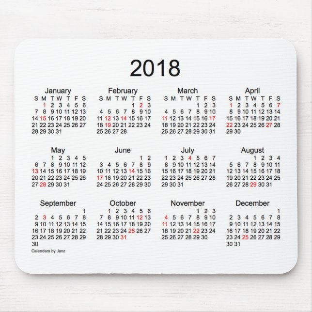 Mousepad Calendário preto e branco do feriado 2018 por Janz (Frente)
