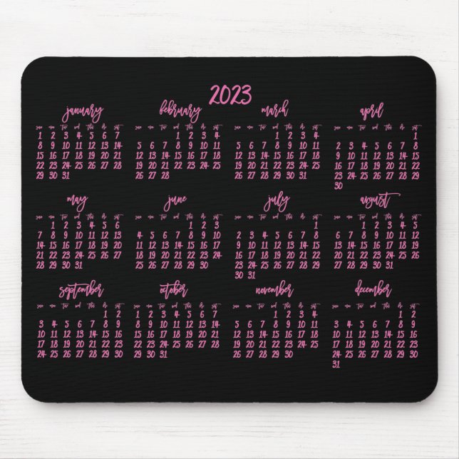 Mousepad Calendário Preto E Rosa De Script Elegante 2023 (Frente)