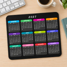 Calendário Preto Minimalista Colorido Simples 2027